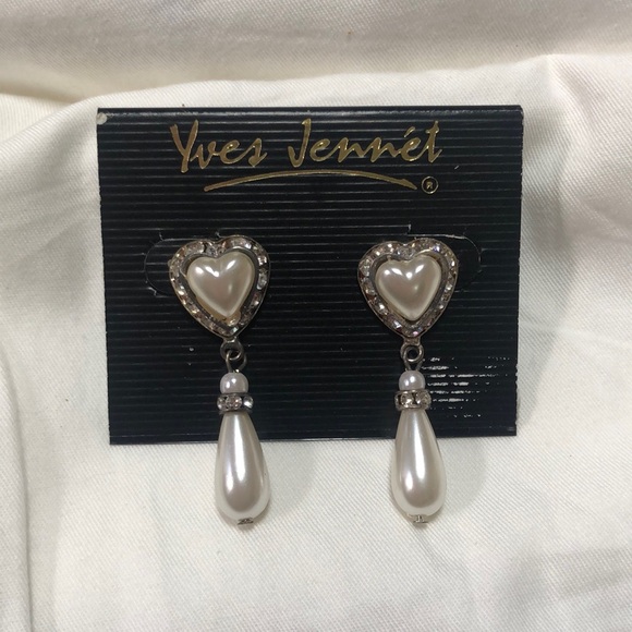 Yves Jennet Faux Pearl and Silver Heart Pierced Earrings Vintage - Picture 1 of 5